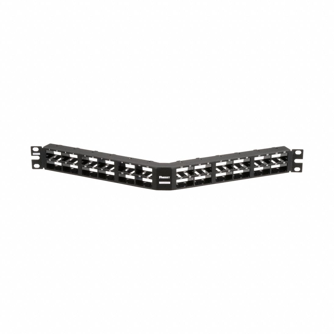 Patch Panel: 1 Rack Units, 48 Ports, Angled, Steel, 4 5/8 in Overall Ht, 19 in Overall Wd