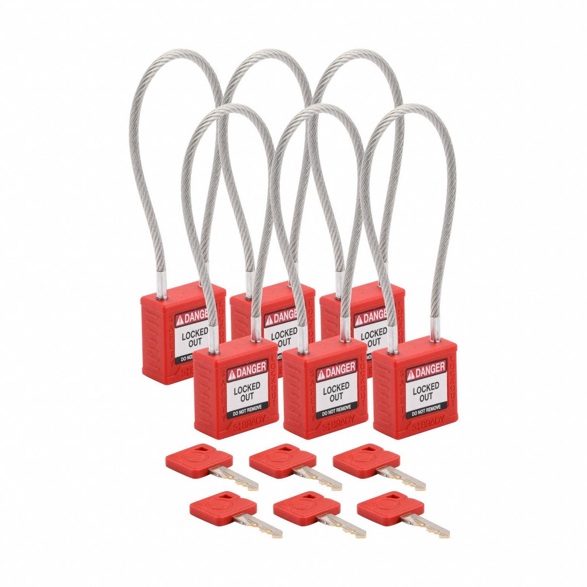 Lockout Padlock: Keyed Alike, Nylon, Compact Body Body Size, Sheathed Cable, Extended, Red