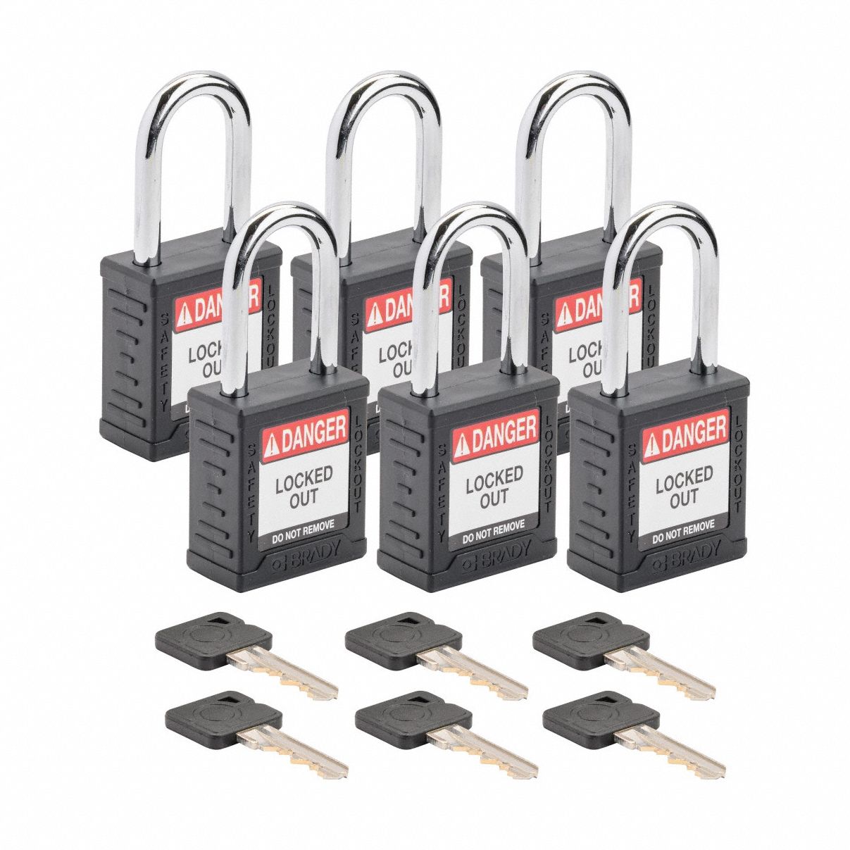 Lockout Padlock: Keyed Alike, Nylon, Std Body Body Size, Steel, Std, Black, 6 Pack Size, BRADY