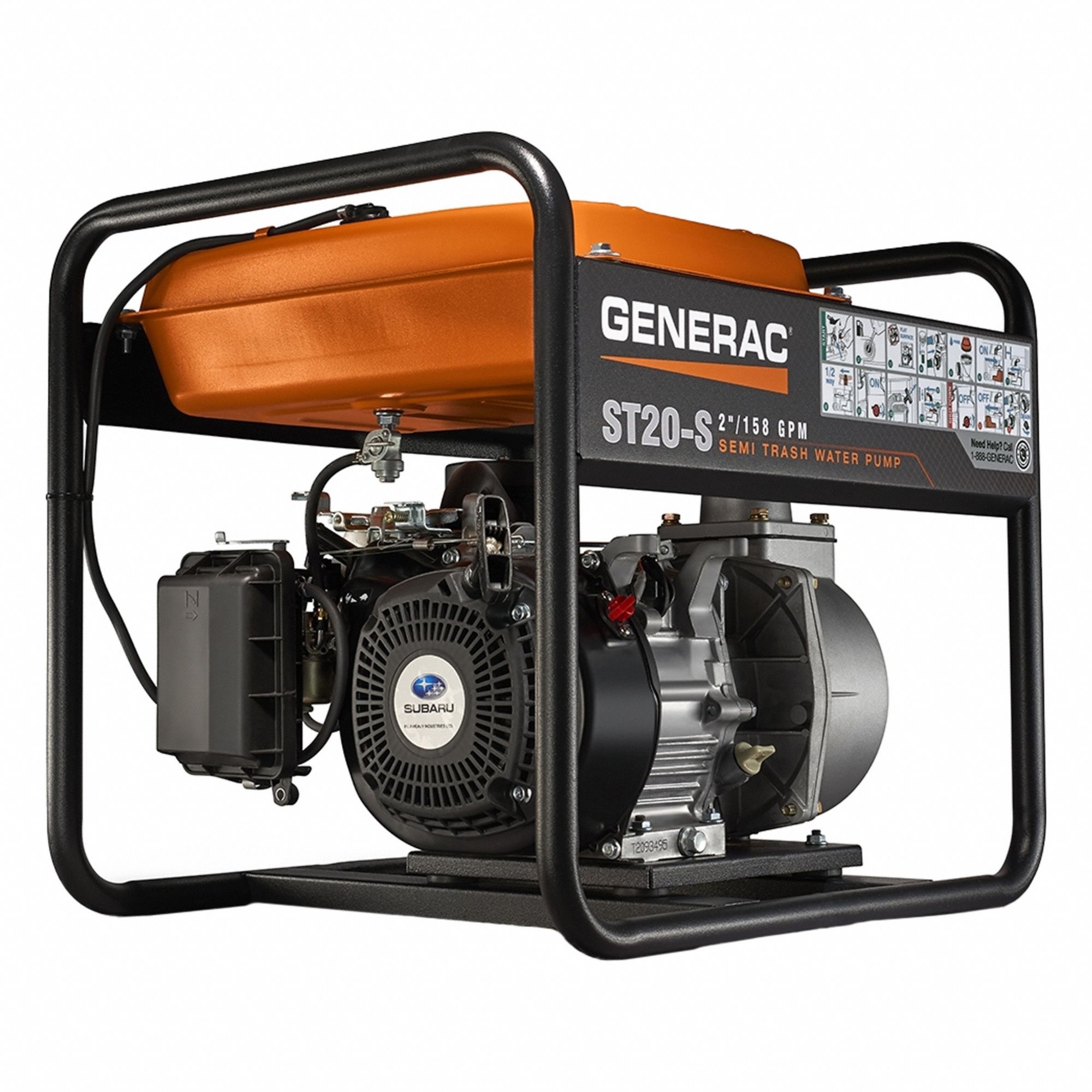 Engine Driven Pump: 2 in MNPT, 2 in MNPT, 1/4 in Max. Dia. Solids, 108 ft Max. Head, Generac