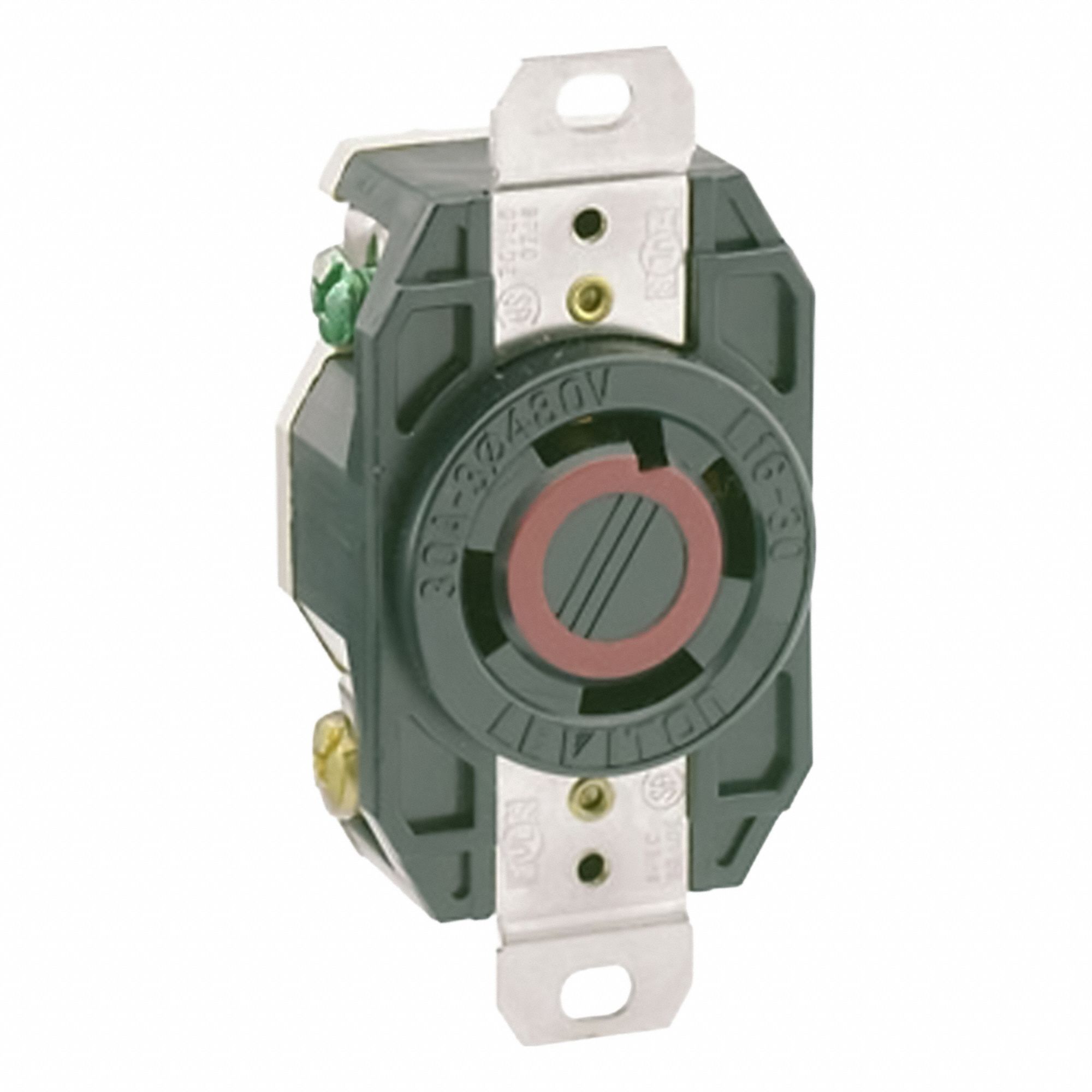 Flush Mounting Lock Receptacle: L16-30R, 30 A, 480V AC, Black, 3 Poles, Shrouded