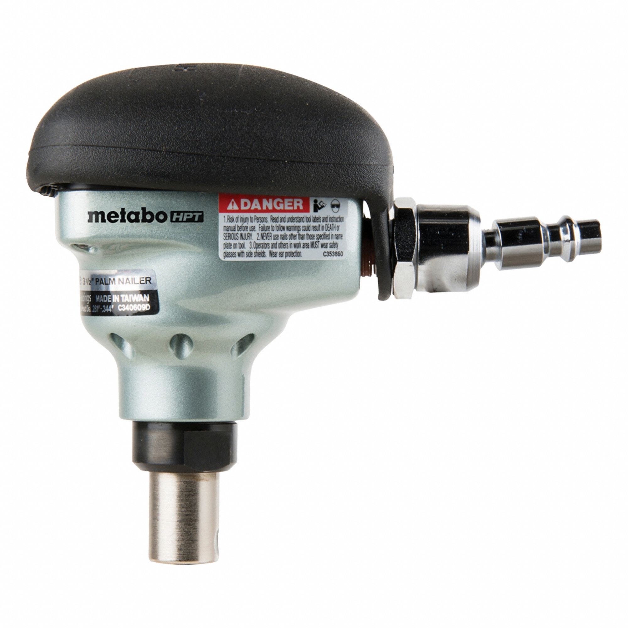 METABO HPT Air Nail Gun: Palm, 360°, 1/4 in NPT, Bump, Bulk Collation, 1 Nail Capacity (MPN NH90ABM). Key specifications — attr1320923: METABO HPT; attr1320894: Bump.