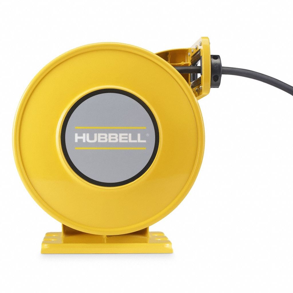 HUBBELL WIRING DEVICE-KELLEMS Extension Cord Reel: Ratchet Lock, 35 ft Cord Lg, 12 AWG, SOW, Yellow (MPN HBLW35123). Key specifications — Retractable Cord Ending NEMA Configuration: Bare Wire; Voltage: 600V AC; Brand: HUBBELL WIRING DEVICE-KELLEMS.