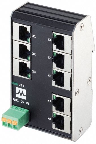 MURRELEKTRONIK Ethernet switch: Unmanaged, DIN Rail, 8 Ports, RJ45, 100 mbps/Ethernet, IP20 (MPN 58902). Key specifications — Port Type: RJ45; Manufacturer Part Number: 58902; Brand: MURRELEKTRONIK; Features: Auto-Crossover; IP Rating: IP20; Product Type: Ethernet Switch; Mounting Location: DIN Rail; Network Interface: 100 mbps.