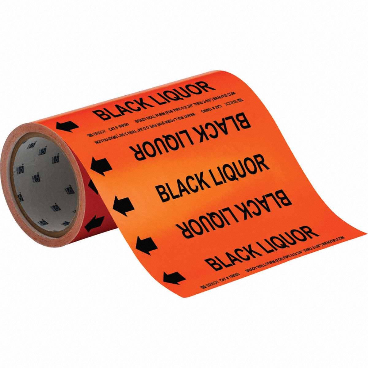 Pipe Marker: Black Liquor, Orange, Black, Fits 2 in and Smaller Pipe O.D., 30 Pipe Markers