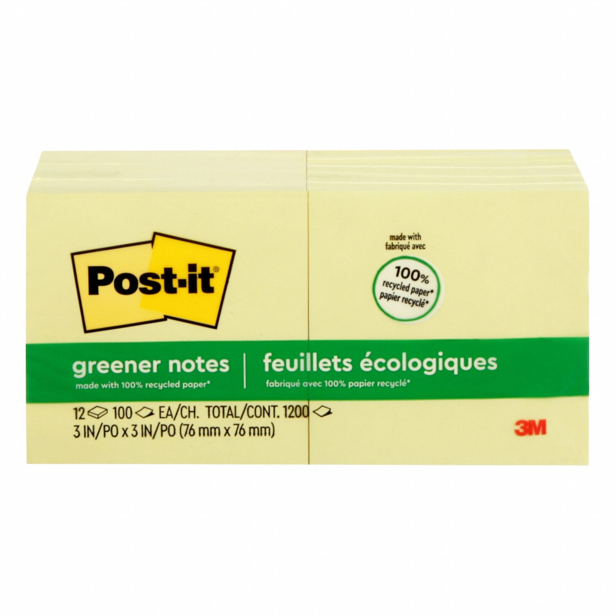 Sticky Notes: Yellow, Std, 100 Sheets per Pad, 12 Pads per Pack, 3 in x 3 in, 12 PK
