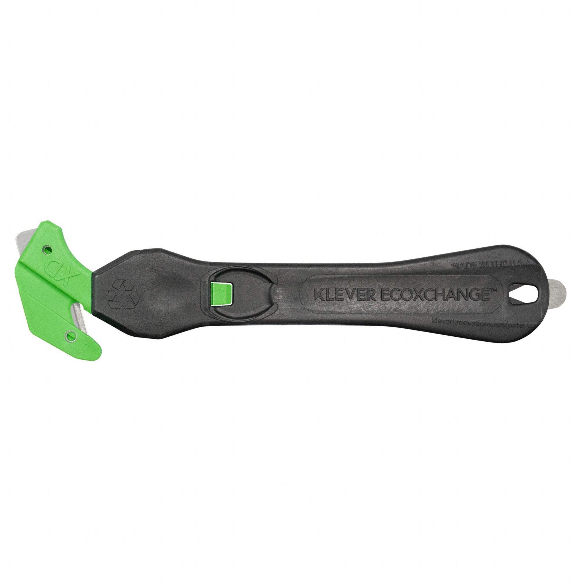 Safety Cutter: 7 in Overall Lg, Straight Handle, Plain, Carbon Steel, Black/Green, 10 PK