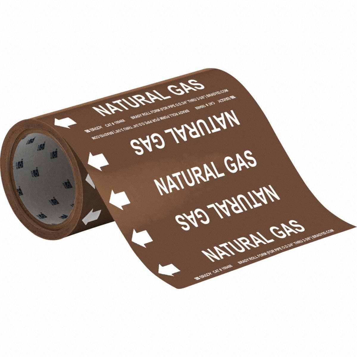 Pipe Marker: Natural Gas, Brown, White, Fits 2 in and Smaller Pipe O.D., 30 Pipe Markers