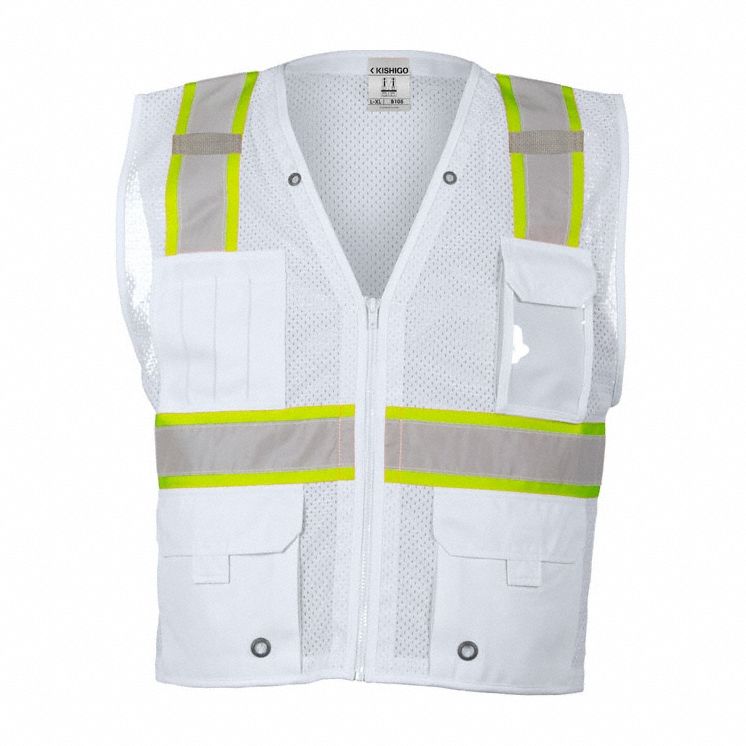 Safety Vest: Safety Vest ANSI Class Unrated, White, Polyester Mesh, Zipper, L/XL Vest Size