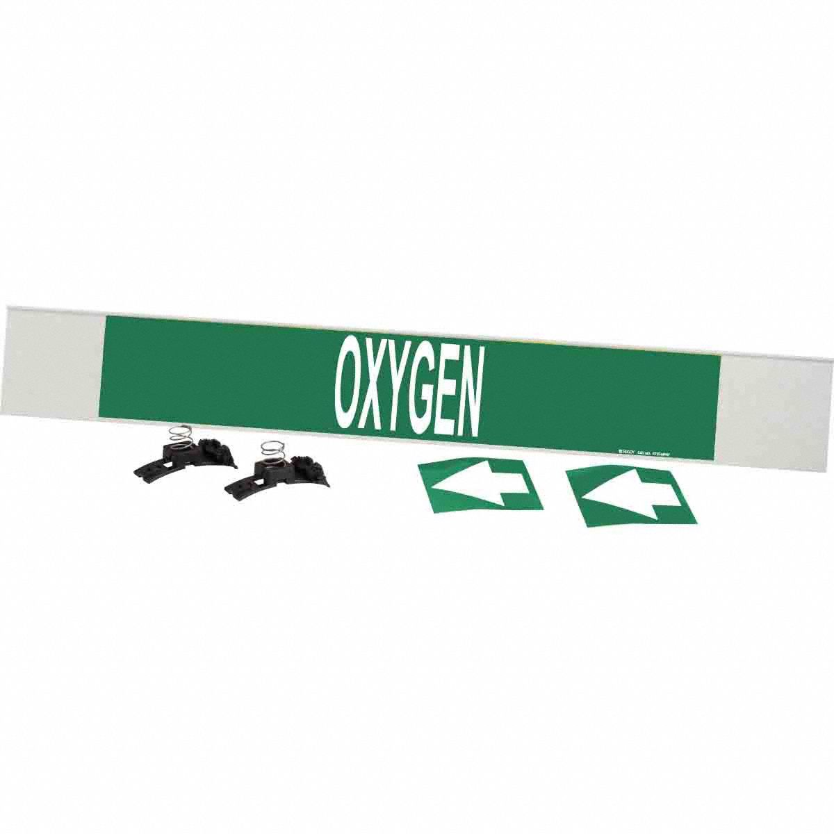 Pipe Marker: Oxygen, Green, White, Fits 8 in and Larger Pipe O.D., 1 Pipe Markers, With Arrows