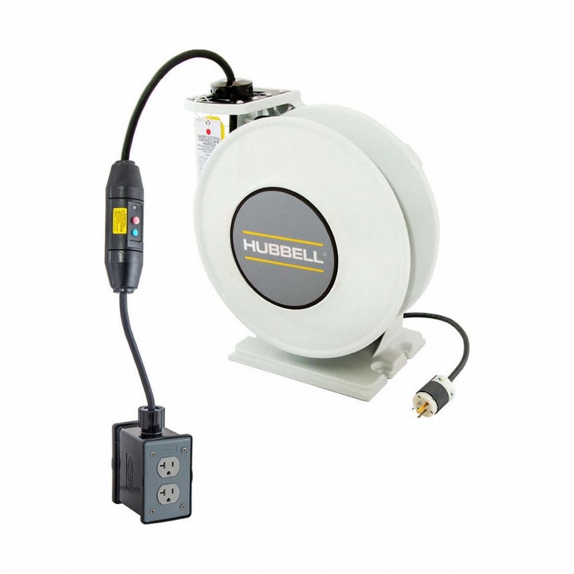 HUBBELL WIRING DEVICE-KELLEMS Extension Cord Reel: Ratchet Lock, 25 ft Cord Lg, 12 AWG, SJO, 5-20P (MPN HBLI25123GF220M1). Key specifications — Retractable Cord Ending NEMA Configuration: 5-20R; Feeder Cord Ending NEMA Configuration: 5-20P; Brand: HUBBELL WIRING DEVICE-KELLEMS.