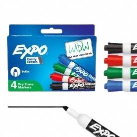 Dry Erase Marker: Assorted, Black/Blue/Green/Red, Bullet, Capped, Eraser Included, Std
