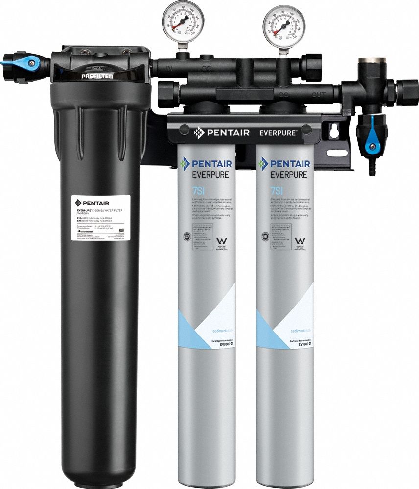 EVERPURE Water Filtration System: 0.5 micron, 7 gpm, FNPT, 25 5/8 in Overall Ht, 50,000 gal (MPN EV932473 -75). Key specifications — Brand: EVERPURE; Reduces: Slime; Filter Media: Sediment.