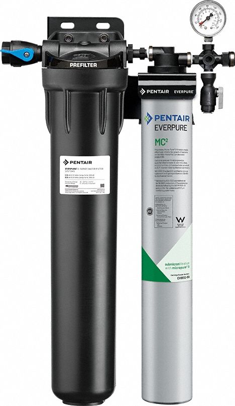 EVERPURE Water Filtration System: 0.2 micron, 1.7 gpm, FNPT, 25 3/8 in Overall Ht, 9,000 gal (MPN EV932801 -75). Key specifications — Brand: EVERPURE; Reduces: Objectionable Odors; Filter Media: Sediment.