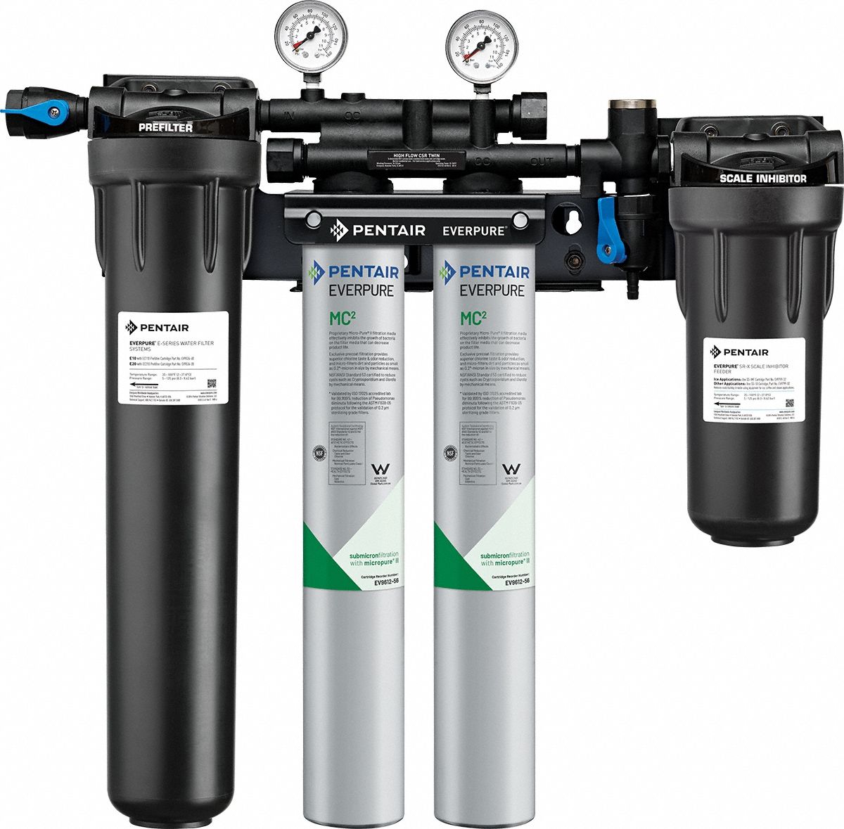EVERPURE Water Filtration System: 0.2 micron, 3.3 gpm, FNPT, 25 5/8 in Overall Ht, 18,000 gal (MPN EV933042 -75). Key specifications — Brand: EVERPURE; Reduces: Objectionable Odors; Filter Media: Sediment.