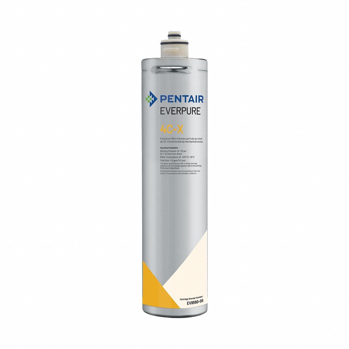 EVERPURE Water Filter Cartridge: 0.5 micron, 0.5 gpm, 14 1/2 in Overall Ht, 3 1/4 in Overall Dia (MPN EV959006). Key specifications — Filter Media: Polyethylene; Brand: EVERPURE.