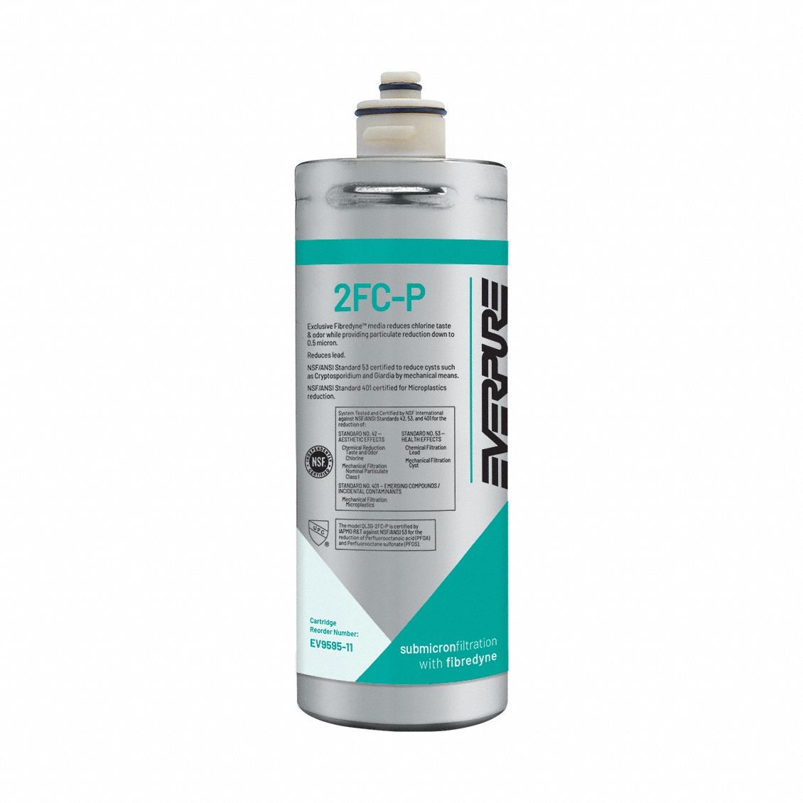 EVERPURE Water Filter Cartridge: 0.5 micron, 1.5 gpm, 1,000 gal, 10 1/4 in Overall Ht (MPN EV959511). Key specifications — Filter Media: Fibredyne II; Brand: EVERPURE.