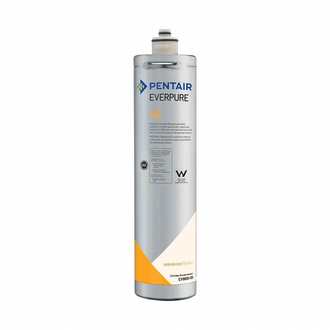 EVERPURE Water Filter Cartridge: 0.5 micron, 0.5 gpm, 3,000 gal, 14 1/2 in Overall Ht (MPN EV960000). Key specifications — Filter Media: Carbon; Brand: EVERPURE.