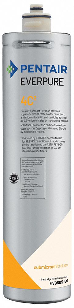 EVERPURE Water Filter Cartridge: 0.2 micron, 0.5 gpm, 3,950 gal, 14 1/2 in Overall Ht (MPN EV960550). Key specifications — Filter Media: Carbon; Brand: EVERPURE.