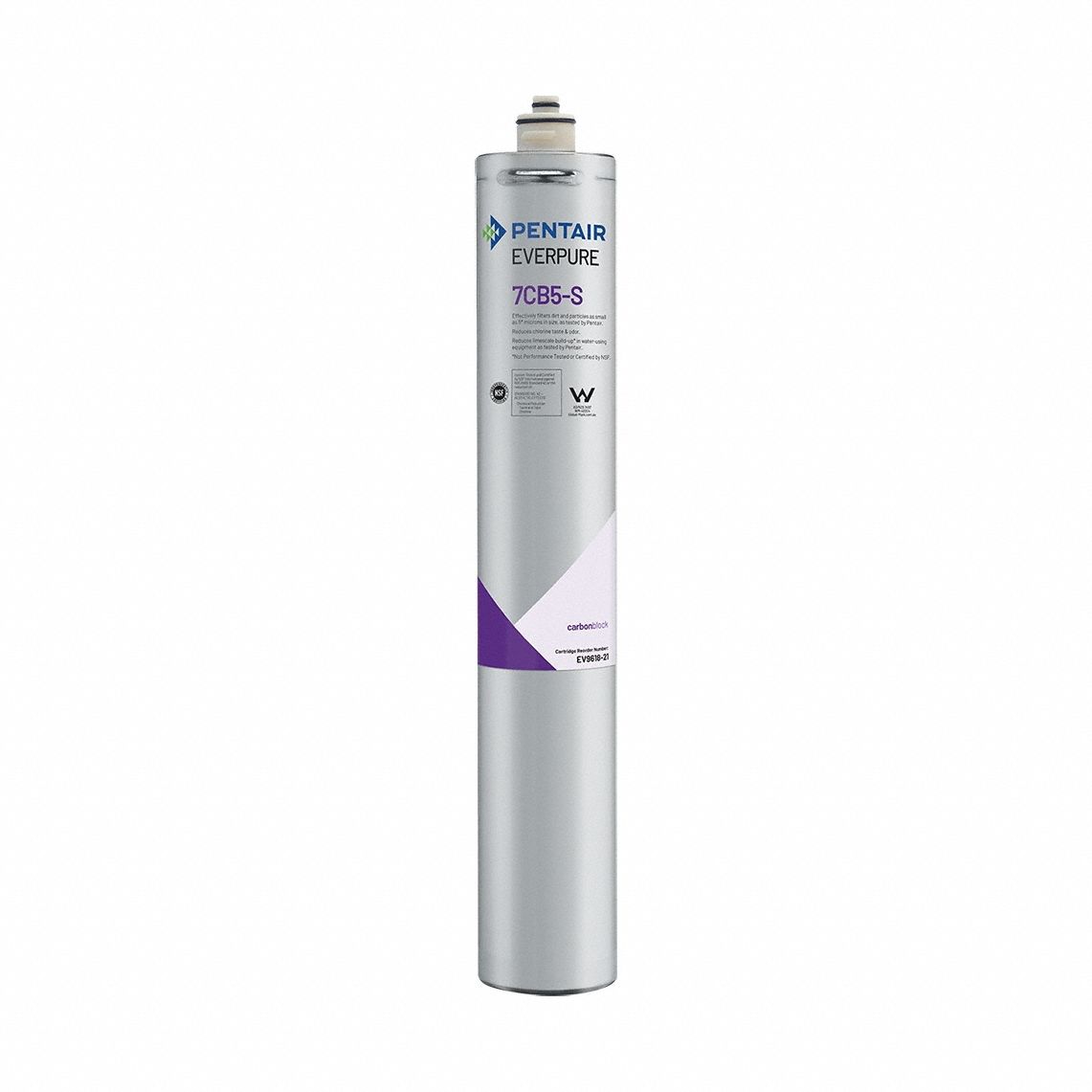 EVERPURE Water Filter Cartridge: 5 micron, 2.5 gpm, 20 3/4 in Overall Ht, 10,000 gal (MPN EV961826). Key specifications — Brand: EVERPURE; Reduces: Chlorine Odor; Filter Media: Phosphate.