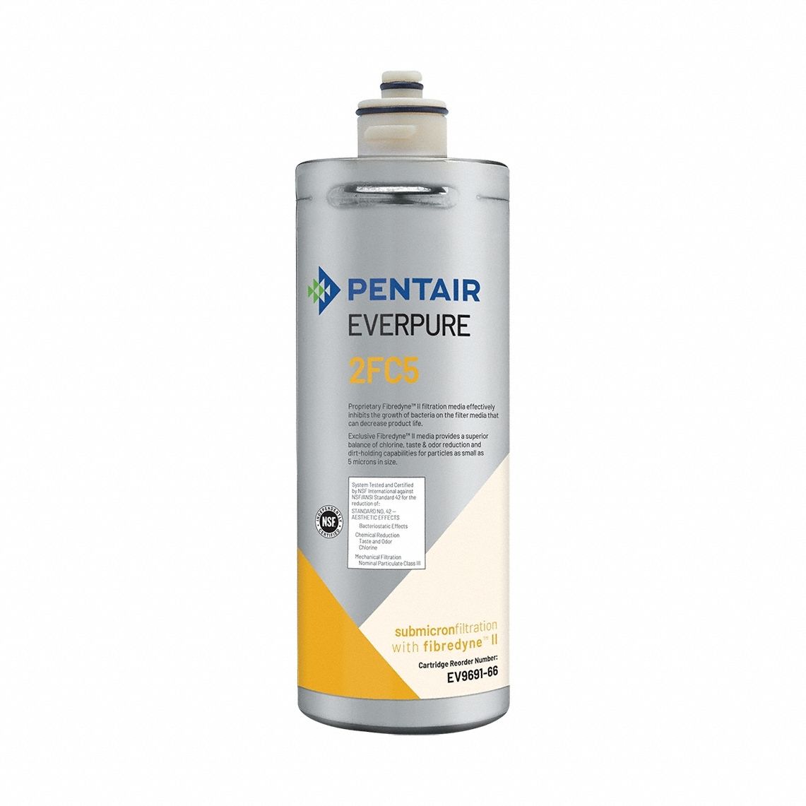 EVERPURE Water Filter Cartridge: 5 micron, 1.5 gpm, 6,000 gal, 10 1/4 in Overall Ht (MPN EV969166). Key specifications — Filter Media: Fibredyne II; Brand: EVERPURE.