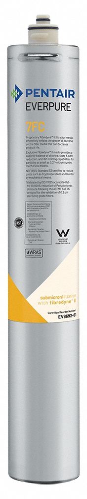 EVERPURE Water Filter Cartridge: 0.2 micron, 2.5 gpm, 20 3/4 in Overall Ht, 25,000 gal, Fibredyne II (MPN EV969267). Key specifications — Brand: EVERPURE; Reduces: Chlorine Taste; Filter Media: Fibredyne II.