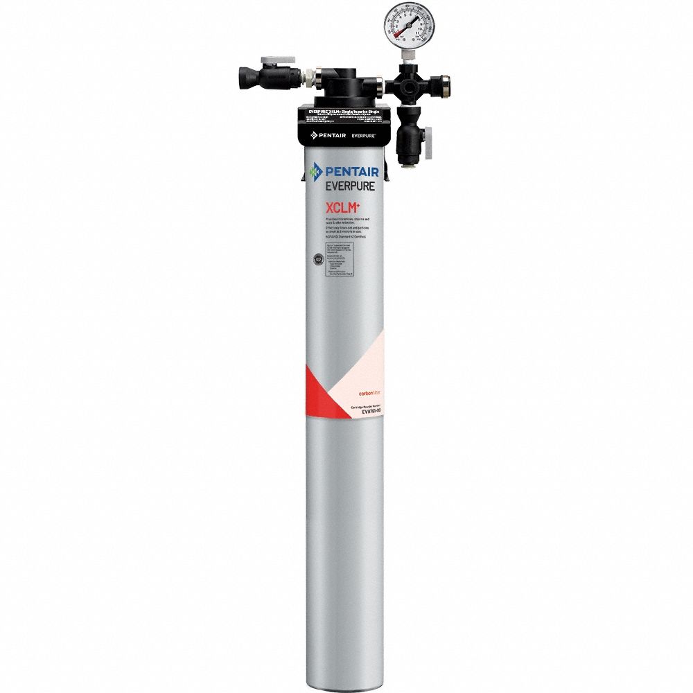 EVERPURE Water Filtration System: 5 micron, 2 gpm, FNPT, 28 1/2 in Overall Ht, 9,300 gal, Carbon (MPN EV976111-75). Key specifications — Brand: EVERPURE; Reduces: Chloramine; Filter Media: Carbon.