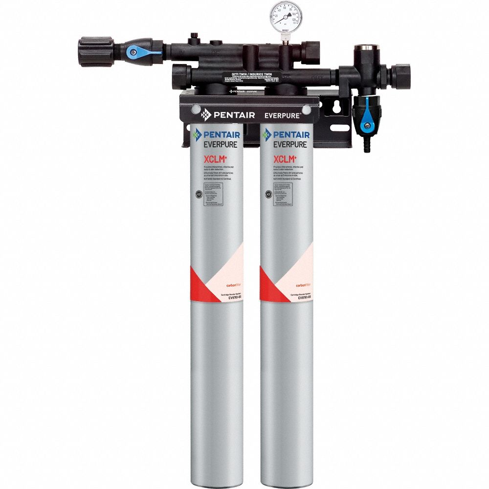 EVERPURE Water Filtration System: 5 micron, 4 gpm, FNPT, 29 3/8 in Overall Ht, 18,600 gal, Carbon (MPN EV976112 -75). Key specifications — Brand: EVERPURE; Reduces: Chloramine; Filter Media: Carbon.