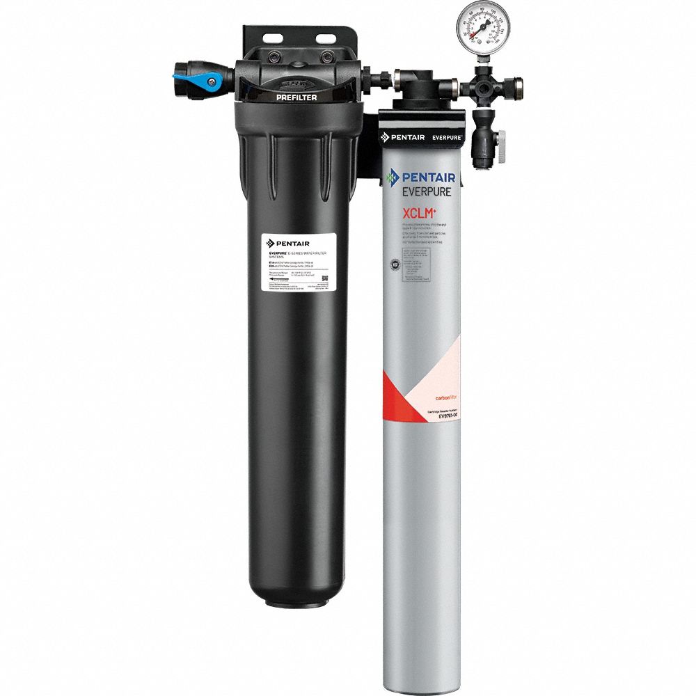 EVERPURE Water Filtration System: 5 micron, 2 gpm, FNPT, 28 3/8 in Overall Ht, 9,300 gal, Carbon (MPN EV976121 -75). Key specifications — Brand: EVERPURE; Reduces: Chloramine; Filter Media: Carbon.