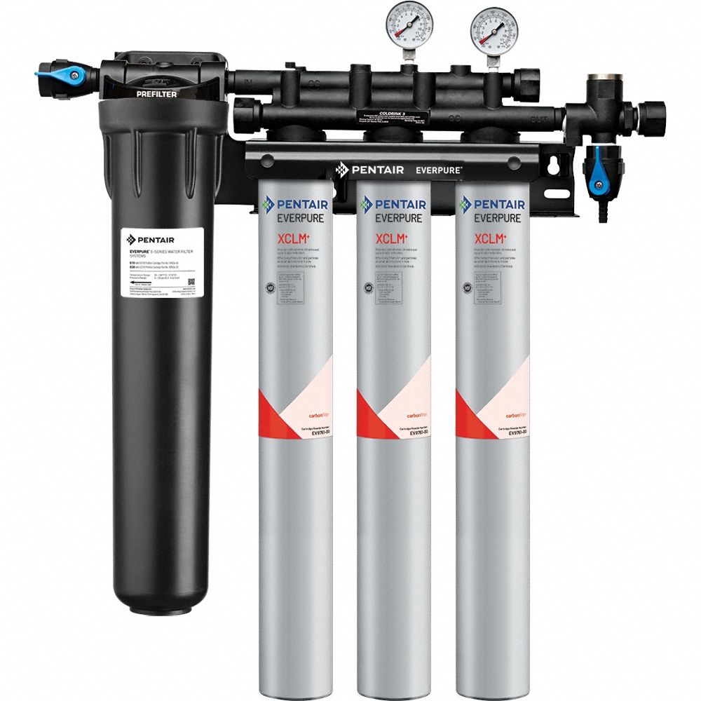 EVERPURE Water Filtration System: 5 micron, 6 gpm, FNPT, 29 3/4 in Overall Ht, 27,900 gal, Carbon (MPN EV976123 -75). Key specifications — Brand: EVERPURE; Reduces: Chloramine; Filter Media: Carbon.