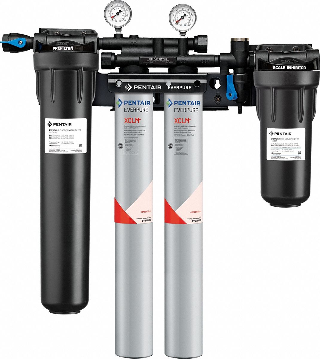 EVERPURE Water Filtration System: 5 micron, 4 gpm, FNPT, 29 3/4 in Overall Ht, 18,600 gal, Carbon (MPN EV976132 -75). Key specifications — Brand: EVERPURE; Reduces: Objectionable Odors; Filter Media: Carbon.