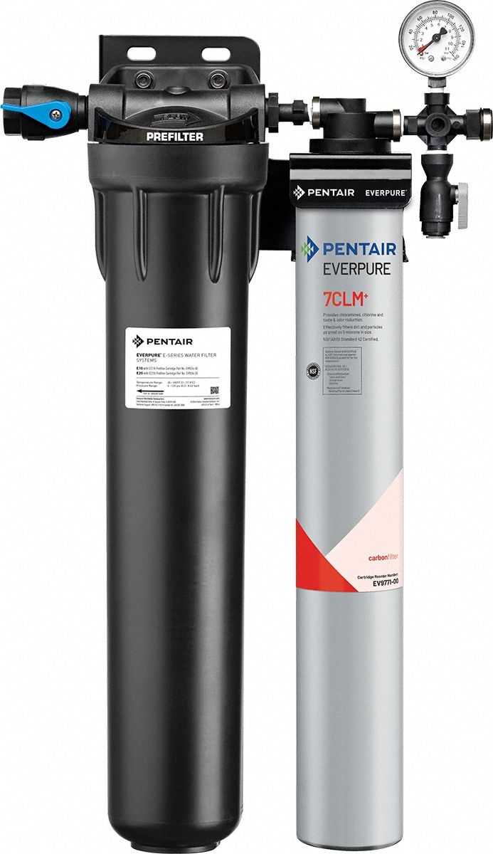 EVERPURE Water Filtration System: 5 micron, 1.7 gpm, FNPT, 25 1/4 in Overall Ht, 7,500 gal (MPN EV977121 -75). Key specifications — Brand: EVERPURE; Reduces: Objectionable Odors; Filter Media: Carbon Block.