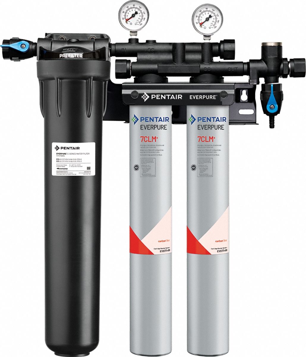EVERPURE Water Filtration System: 5 micron, 3.3 gpm, FNPT, 25 3/8 in Overall Ht, 15,000 gal (MPN EV977122 -75). Key specifications — Brand: EVERPURE; Reduces: Chloramine; Filter Media: Carbon Block.