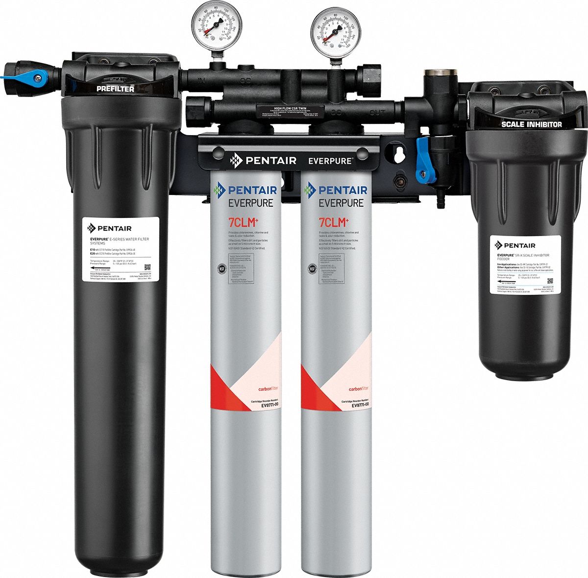 EVERPURE Water Filtration System: 5 micron, 3.3 gpm, FNPT, 25 3/8 in Overall Ht, 15,000 gal (MPN EV977132 -75). Key specifications — Brand: EVERPURE; Reduces: Chloramine; Filter Media: Carbon Block.