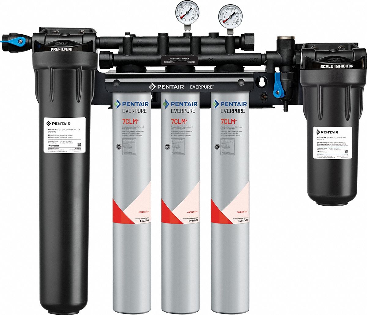 EVERPURE Water Filtration System: 5 micron, 5 gpm, FNPT, 25 3/8 in Overall Ht, 22,500 gal (MPN EV977133 -75). Key specifications — Brand: EVERPURE; Reduces: Chloramine; Filter Media: Carbon Block.
