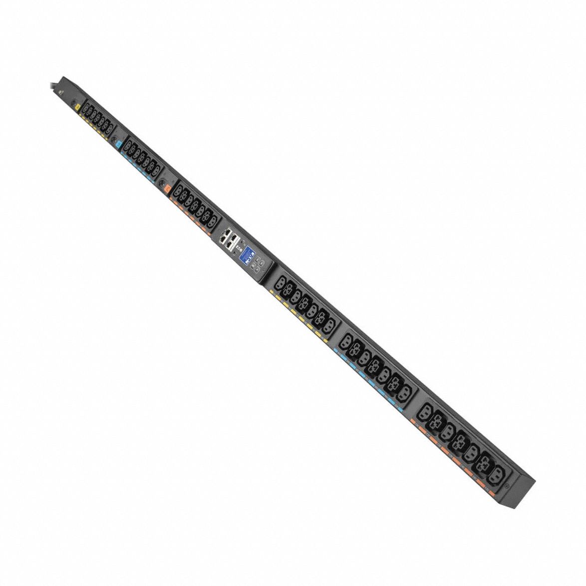 EATON TRIPP LITE PDU: Three-Phase, 208V AC, 42 Outlets, (18) C39/(24) C13, Metered, Remote-Monitored (MPN EVMA1530X). Key specifications — attr928758: NEMA L15-30P; attr928730: EATON TRIPP LITE; attr1314318: Three-Phase; attr928747: 208V AC; attr928761: (18) C39; attr928752: Vertical Rack; attr982487: Front or Side.