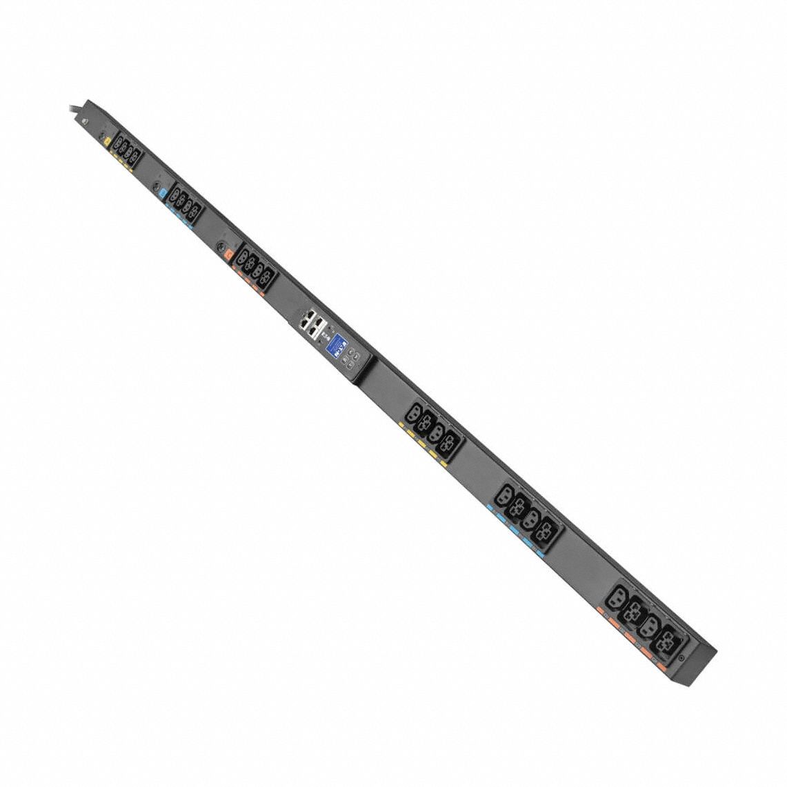EATON TRIPP LITE PDU: Three-Phase, 208V AC, 24 Outlets, (12) C13/(12) C19, Metered, Remote-Monitored (MPN EVMA2130A). Key specifications — attr928758: NEMA L21-30P; attr928730: EATON TRIPP LITE; attr1314318: Three-Phase; attr928747: 208V AC; attr928761: (12) C19; attr928752: Vertical Rack; attr982487: Front or Side.