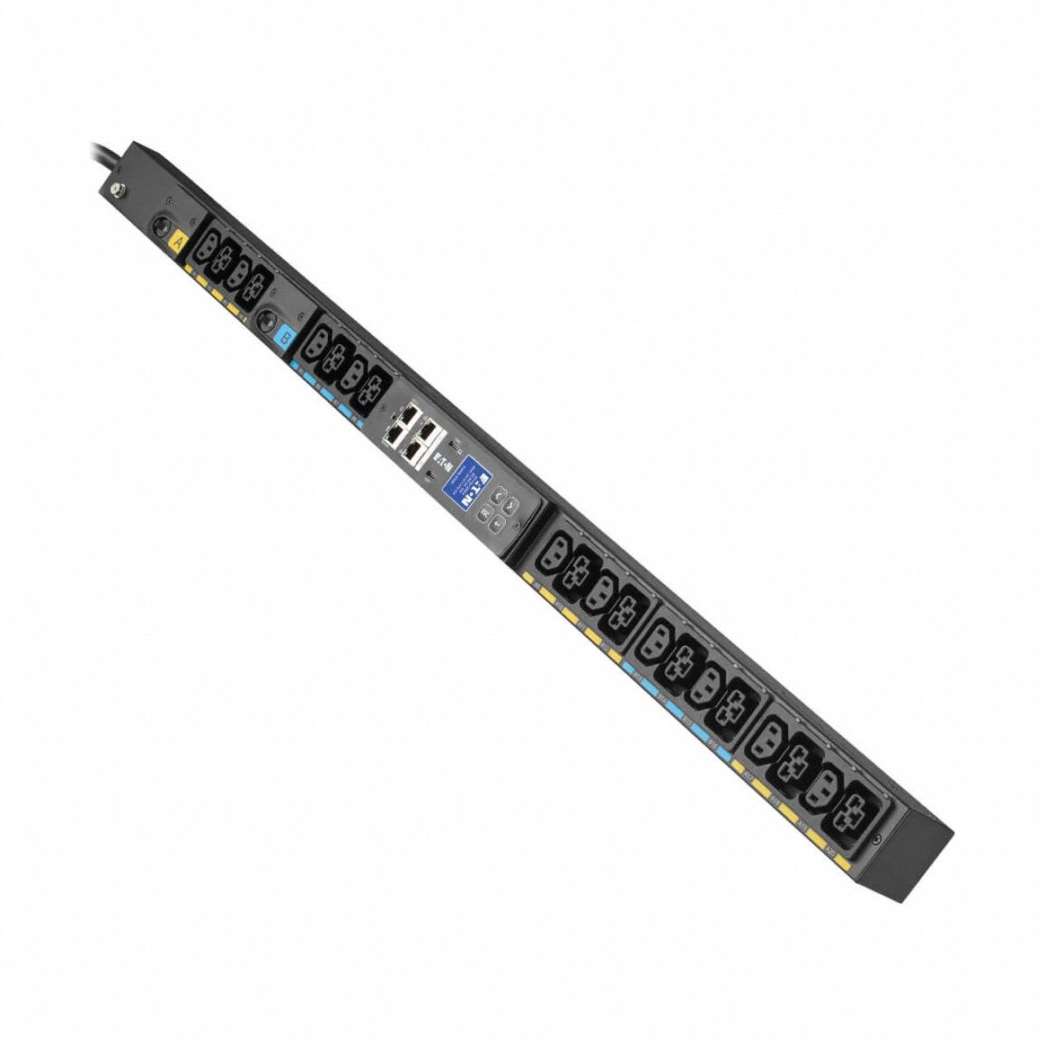 EATON TRIPP LITE PDU: Single-Phase, 208V AC, 20 Outlets, (10) C13/(10) C39 Combo Outlets, Metered (MPN EVMAL630B). Key specifications — attr928758: NEMA L6-30P; attr928730: EATON TRIPP LITE; attr1314318: Single-Phase; attr928747: 208V AC; attr928761: (10) C13; attr928752: Vertical Rack; attr982487: Front or Side.