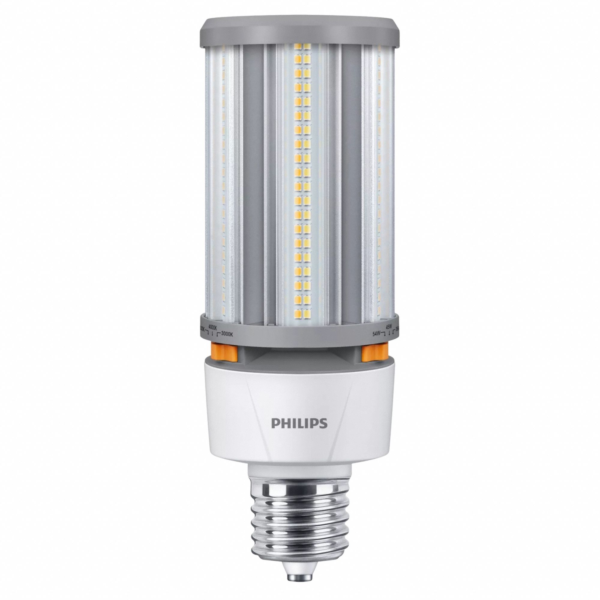 HID Replacement LED Lamp: Universal Burning, Corncob ED28, Mogul Screw (EX39), 36 W_45 W_54 W Watt (MPN 54-45-36CC/LED/3PW/3CCT/Ex39 BB 3/1). Key specifications — Color Temperature: 4000K; Brand: PHILLIPS; Shatter-Resistant: No.