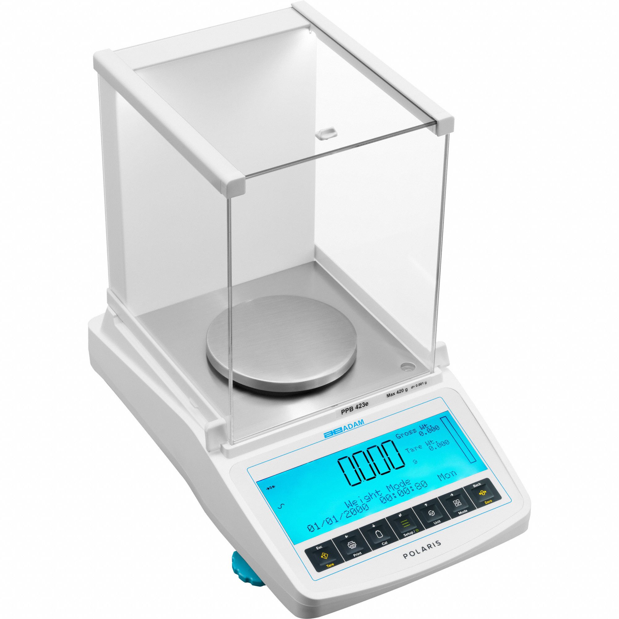 ADAM EQUIPMENT Lab Balances: 1,220 g Capacity, 0.001 g Readability, 0.001 g Repeatability, ABS (MPN PPB 1223e). Key specifications — Brand: ADAM EQUIPMENT; Display Type: LCD.