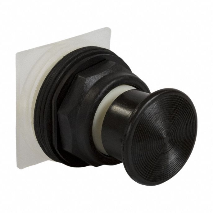 Mushroom Head Push Button: Black, 30 mm Mounting Size, Non-Metallic, Momentary