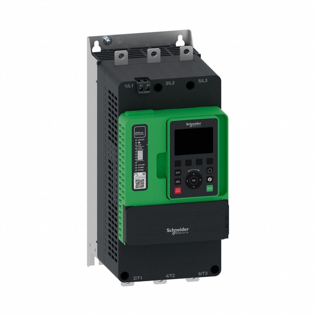 SCHNEIDER Soft Start: 208-690V AC, 140 A Output Current, With Bypass, IP00, 60/50 Hz, Three Phase (MPN ATS490C14Y). Key specifications — Control Voltage: 110-230V AC; Manufacturer Part Number: ATS490C14Y.