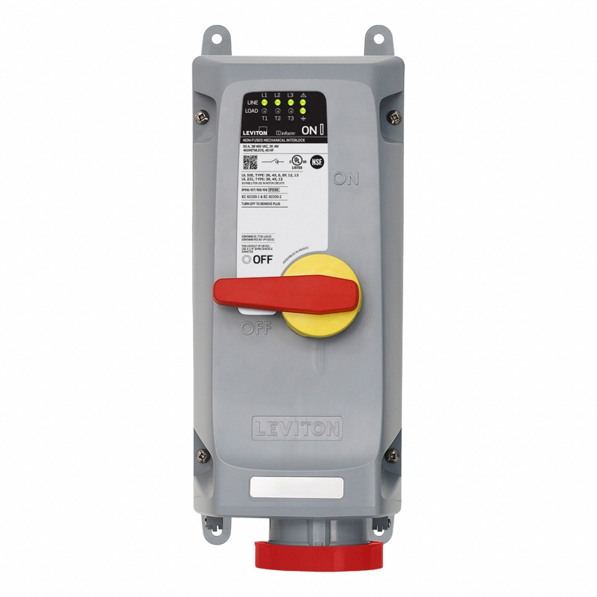 Pin and Sleeve Mechanical Interlock: Non-Fused, 60 A, 480V AC, 40 hp Horsepower Rating