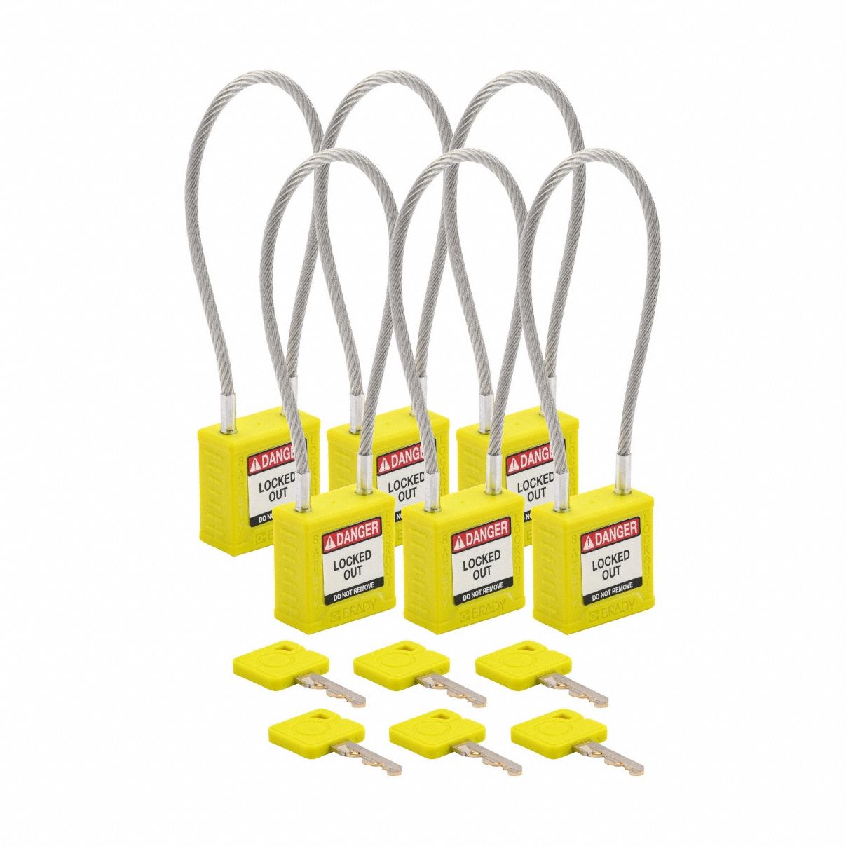 Lockout Padlock: Keyed Alike, Nylon, Compact Body Body Size, Sheathed Cable, Extended, Yellow