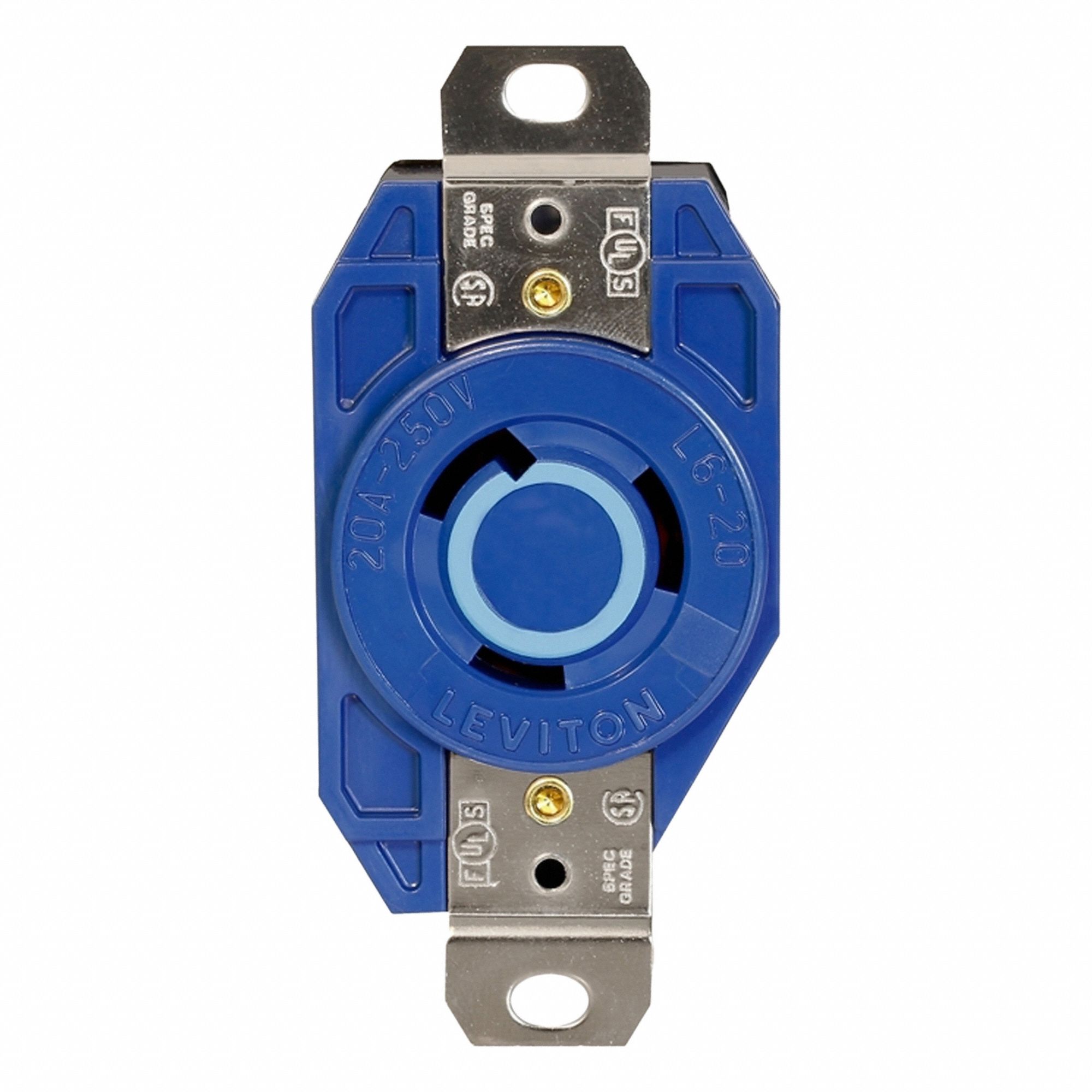 Flush Mounting Lock Receptacle: L6-20R, 20 A, 250V AC, Black, 2 Poles, Shrouded, Screw Terminals