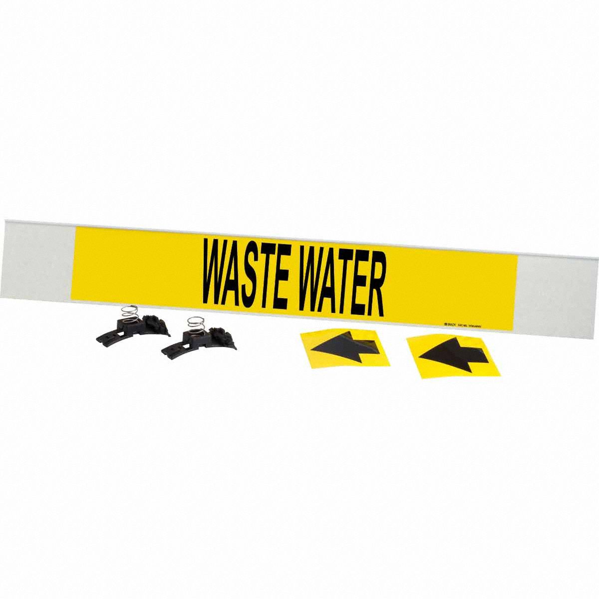 Pipe Marker: Waste Water, Yellow, Black, Fits 8 in and Larger Pipe O.D., 1 Pipe Markers, With Arrows