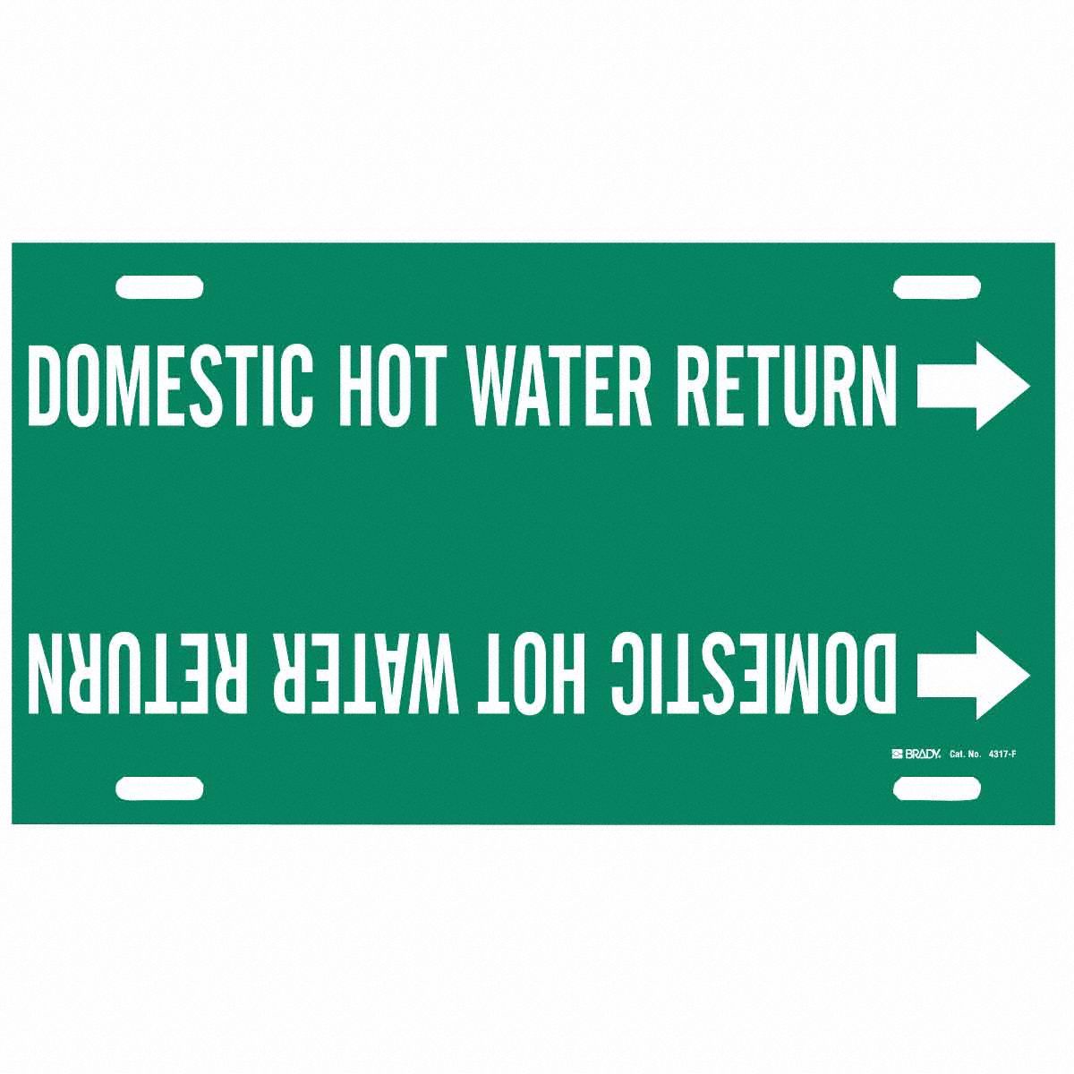 Pipe Marker: Domestic Hot Water Return, Green, White, Fits 6 to 7 7/8 in Pipe O.D., 1 Pipe Markers
