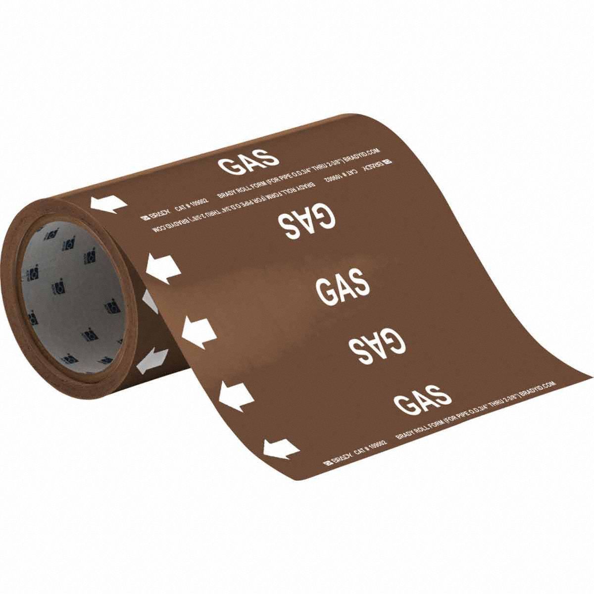 Pipe Marker: Gas, Brown, White, Fits 2 in and Smaller Pipe O.D., 30 Pipe Markers, With Arrows