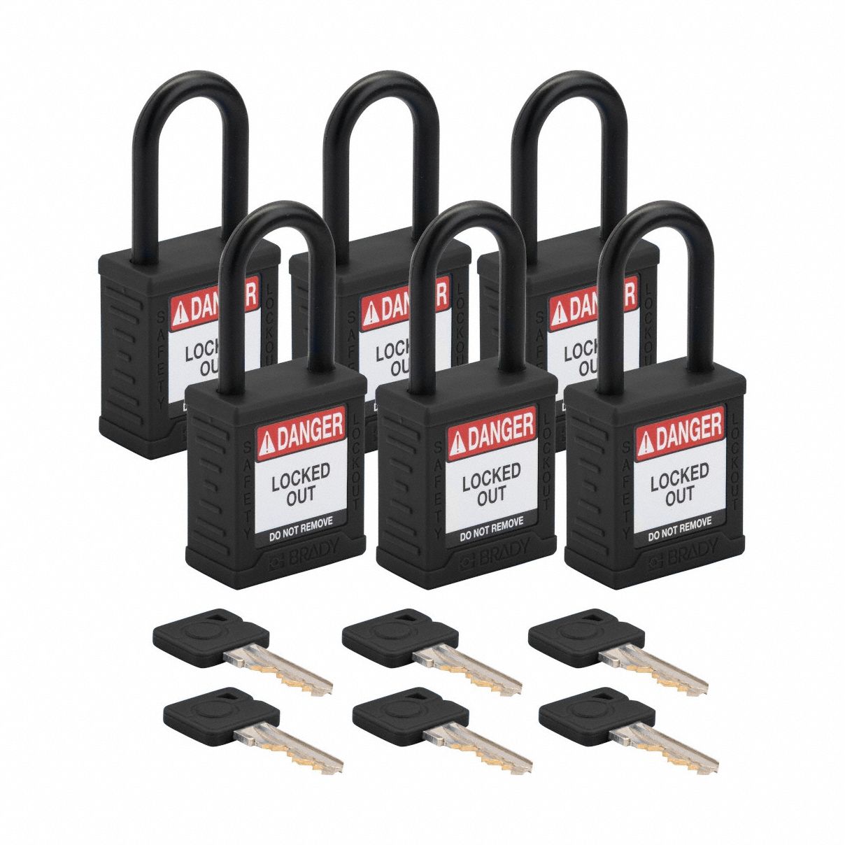 Lockout Padlock: Keyed Alike, Nylon, Std Body Body Size, Plastic, Std, Black, 6 Pack Size