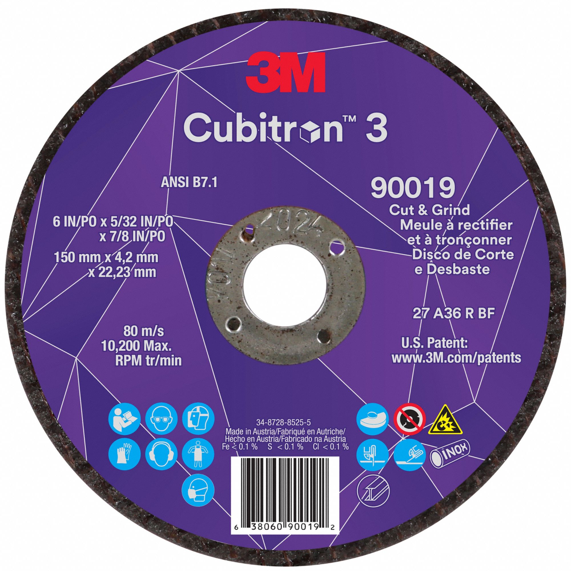 Cut-Off and Grinding Wheel: Type 27, 6" x 5/32" x 7/8", Ceramic, 36 Grit